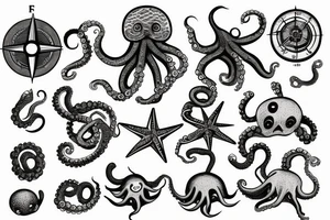 ocean sunrise over left chest compass and octopus tattoo idea