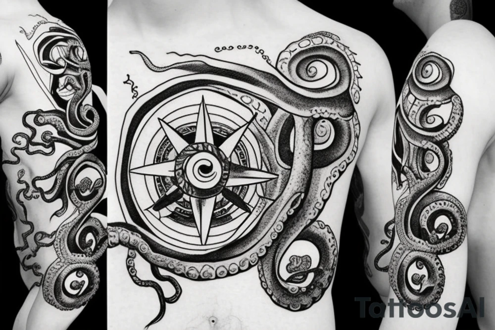 ocean sunrise over left chest compass and octopus tattoo idea