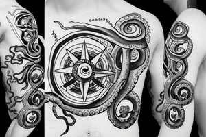 ocean sunrise over left chest compass and octopus tattoo idea