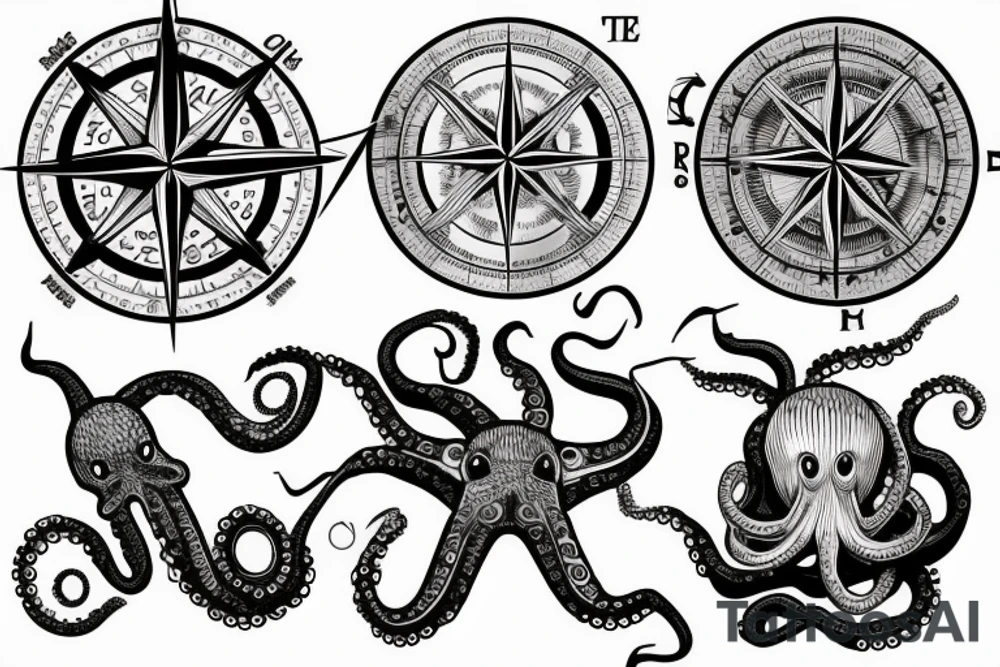 ocean sunrise over left chest compass and octopus tattoo idea