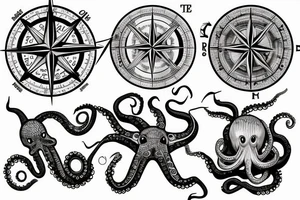 ocean sunrise over left chest compass and octopus tattoo idea