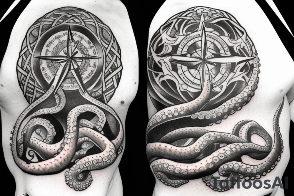 ocean sunrise over left chest compass and octopus tattoo idea