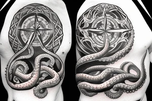 ocean sunrise over left chest compass and octopus tattoo idea