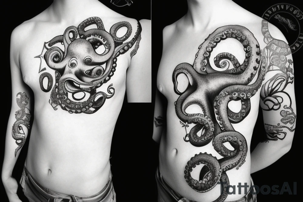 ocean sunrise over left chest compass and octopus tattoo idea