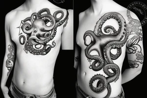 ocean sunrise over left chest compass and octopus tattoo idea