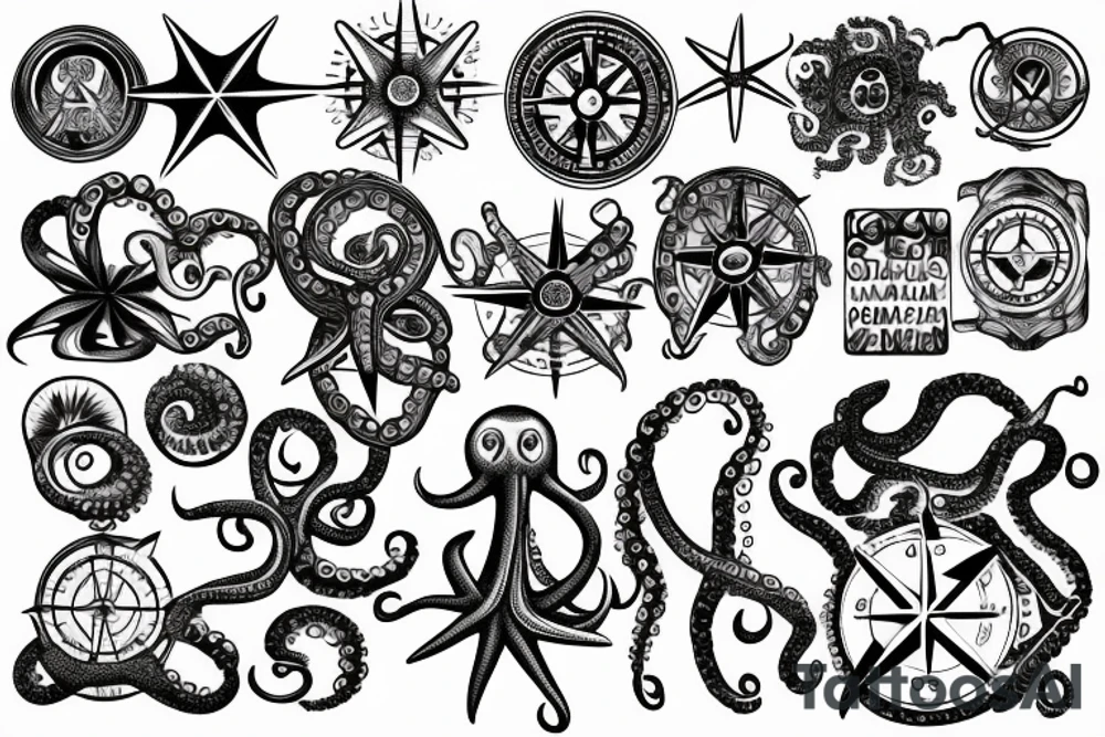 ocean sunrise over left chest compass and octopus tattoo idea