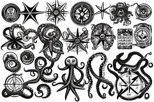ocean sunrise over left chest compass and octopus tattoo idea