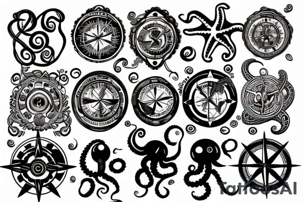 ocean sunrise over left chest compass and octopus tattoo idea