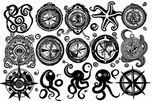 ocean sunrise over left chest compass and octopus tattoo idea