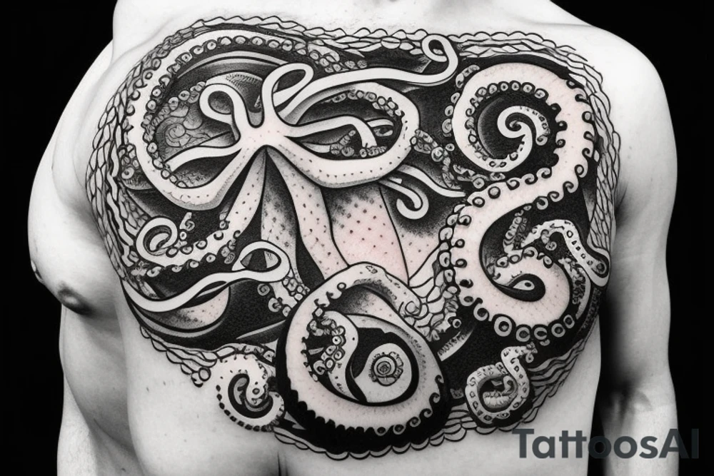 ocean sunrise over left chest compass and octopus tattoo idea