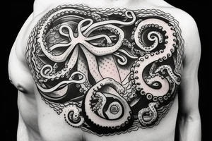 ocean sunrise over left chest compass and octopus tattoo idea