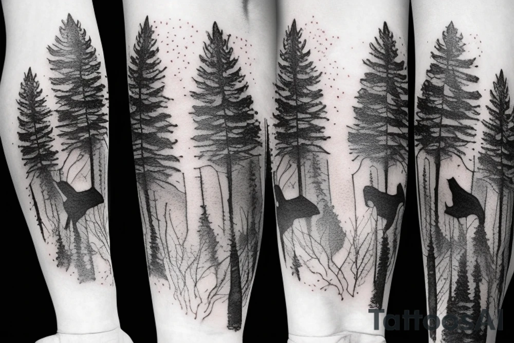 a wolf, a bear, crows, in the woods, trees, pines, sleeve tattoo idea