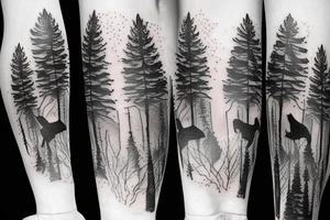 a wolf, a bear, crows, in the woods, trees, pines, sleeve tattoo idea