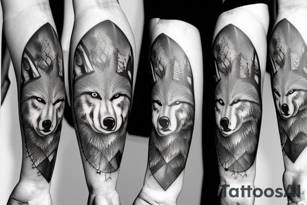 a wolf, a bear, crows, in the woods, trees, pines, sleeve tattoo idea