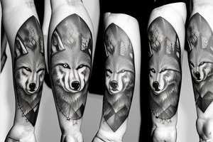 a wolf, a bear, crows, in the woods, trees, pines, sleeve tattoo idea