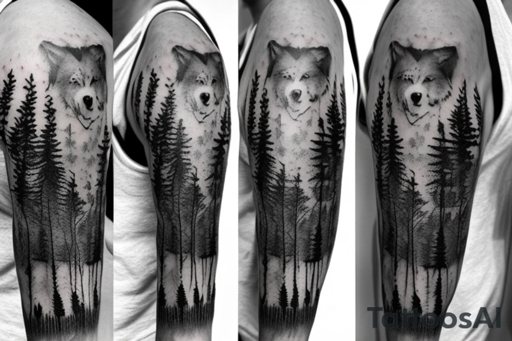 a wolf, a bear, crows, in the woods, trees, pines, sleeve tattoo idea a wolf, a bear, crows, in the woods, trees, pines, sleeve tattoo idea