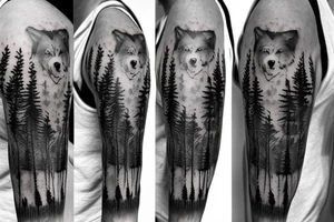 a wolf, a bear, crows, in the woods, trees, pines, sleeve tattoo idea
