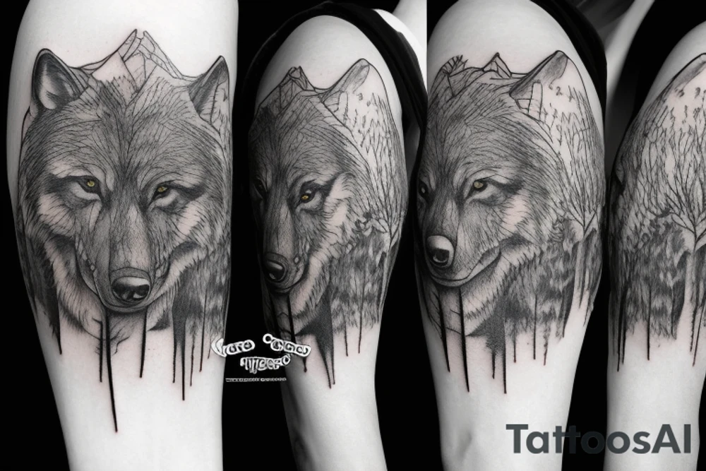 a wolf, a bear, crows, in the woods, trees, pines, sleeve tattoo idea a wolf, a bear, crows, in the woods, trees, pines, sleeve tattoo idea