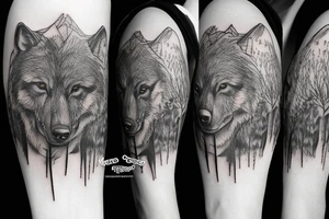 a wolf, a bear, crows, in the woods, trees, pines, sleeve tattoo idea