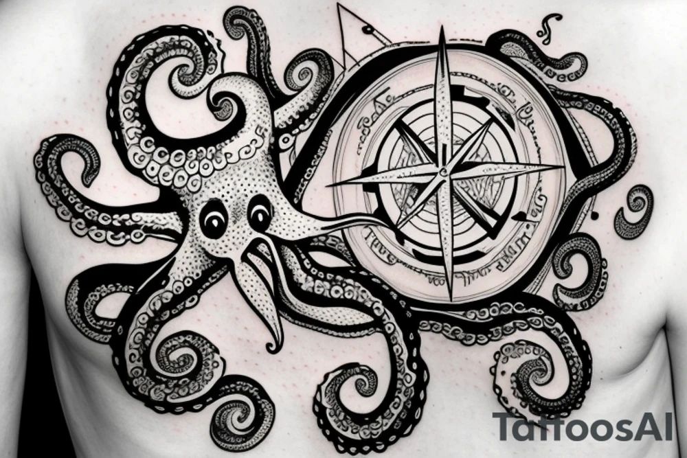 rising sun over ocean over left chest compass and octopus tattoo idea