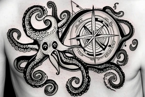 rising sun over ocean over left chest compass and octopus tattoo idea