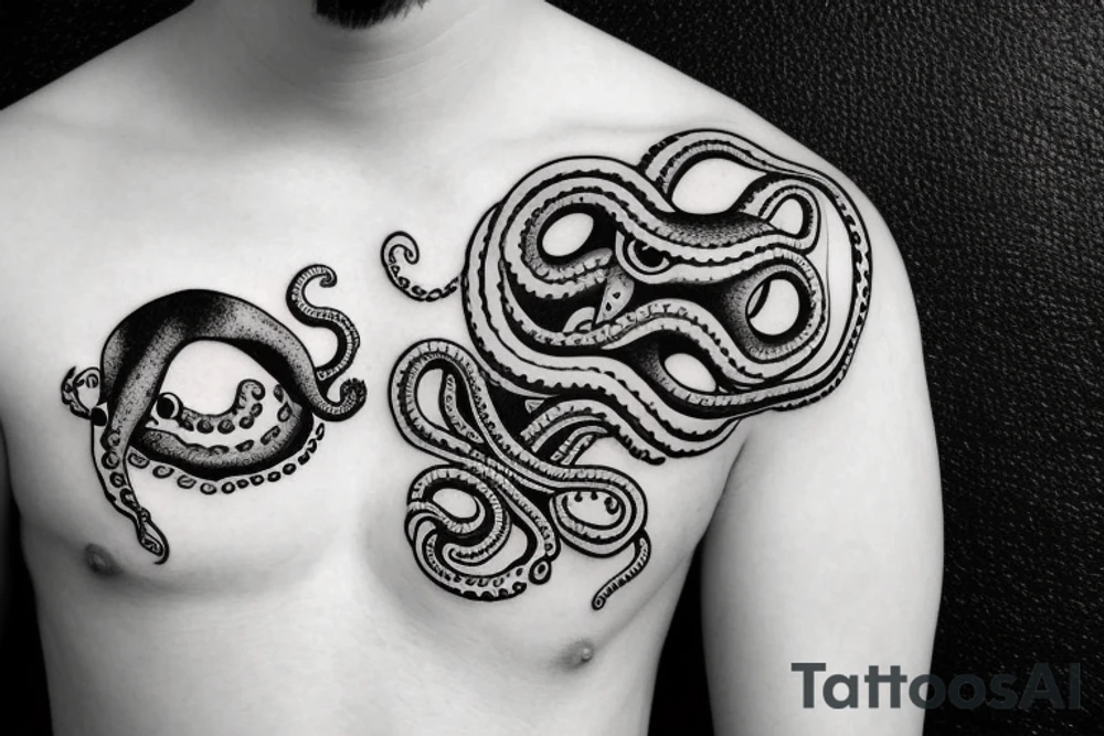rising sun over ocean over left chest compass and octopus tattoo idea
