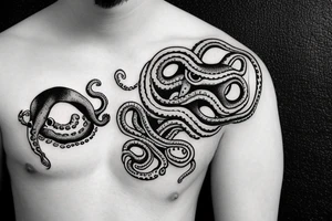 rising sun over ocean over left chest compass and octopus tattoo idea