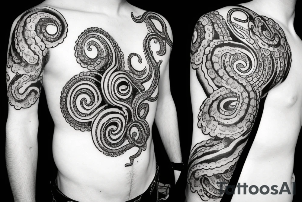 rising sun over ocean over left chest compass and octopus tattoo idea
