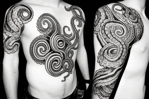 rising sun over ocean over left chest compass and octopus tattoo idea