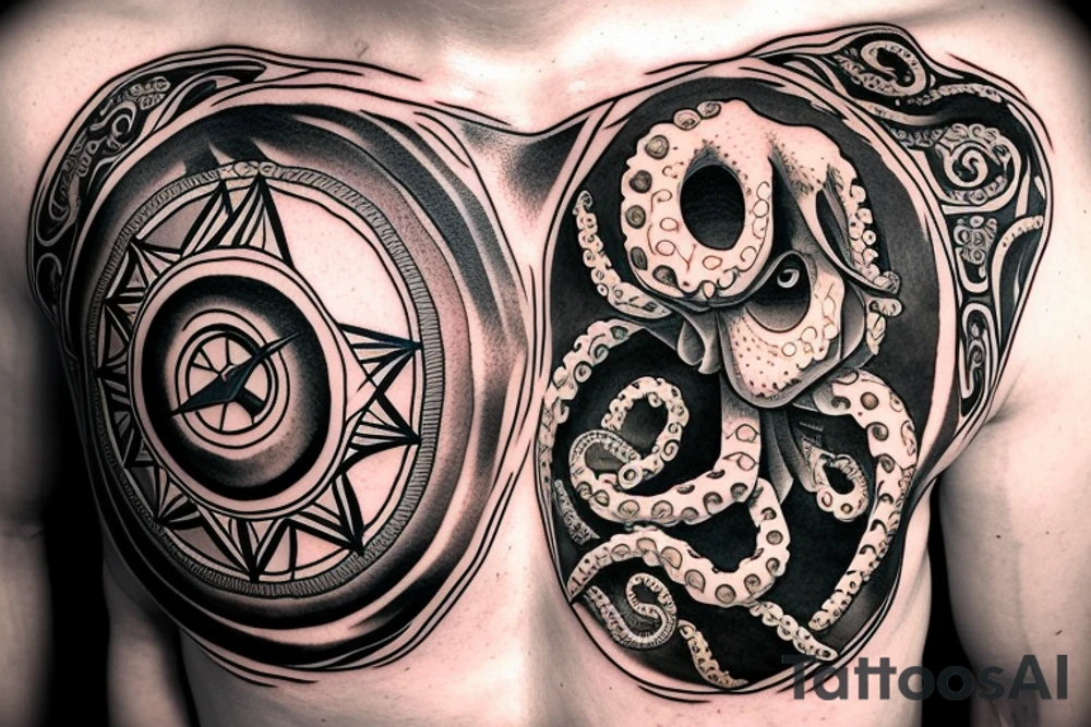 rising sun over ocean over left chest compass and octopus tattoo idea