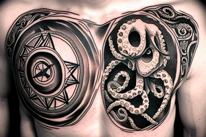 rising sun over ocean over left chest compass and octopus tattoo idea