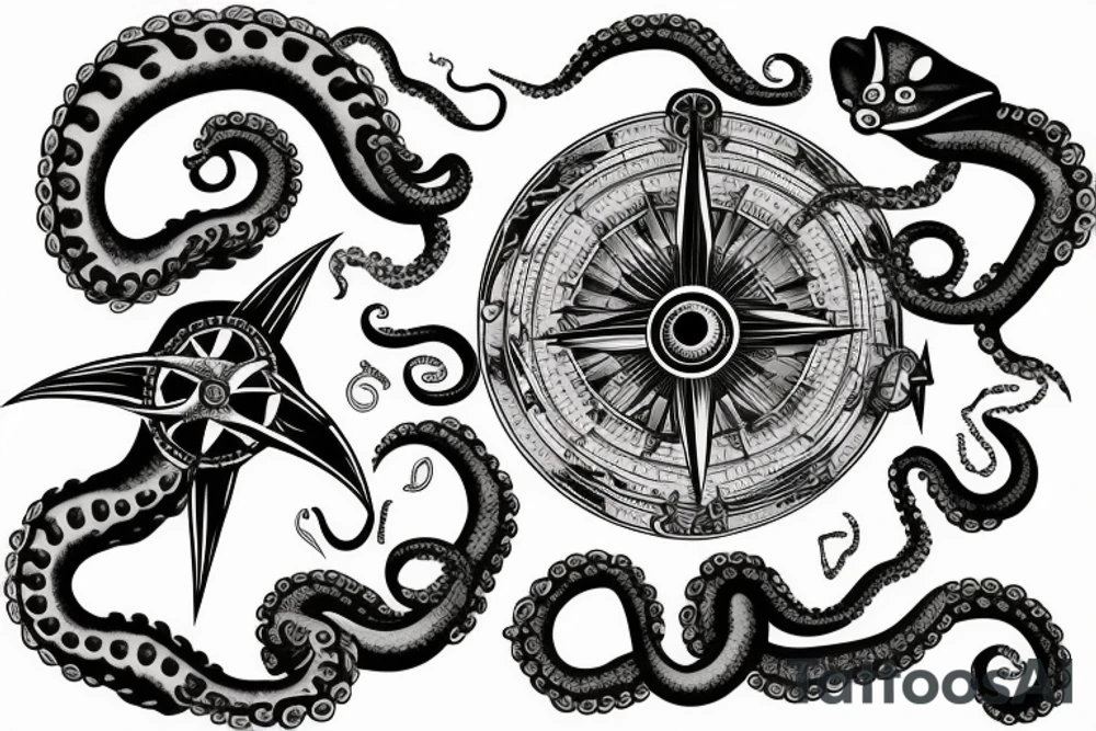 rising sun over ocean over left chest compass and octopus tattoo idea