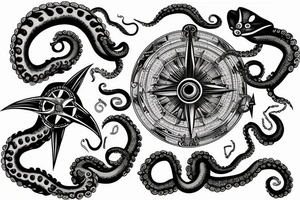 rising sun over ocean over left chest compass and octopus tattoo idea