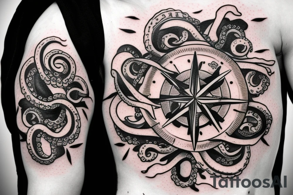 rising sun over ocean over left chest compass and octopus tattoo idea