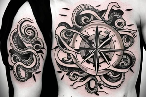 rising sun over ocean over left chest compass and octopus tattoo idea