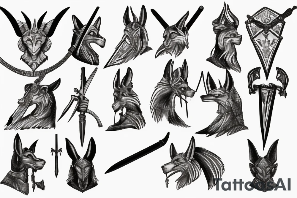 anubis facing right with sword in hand tattoo idea
