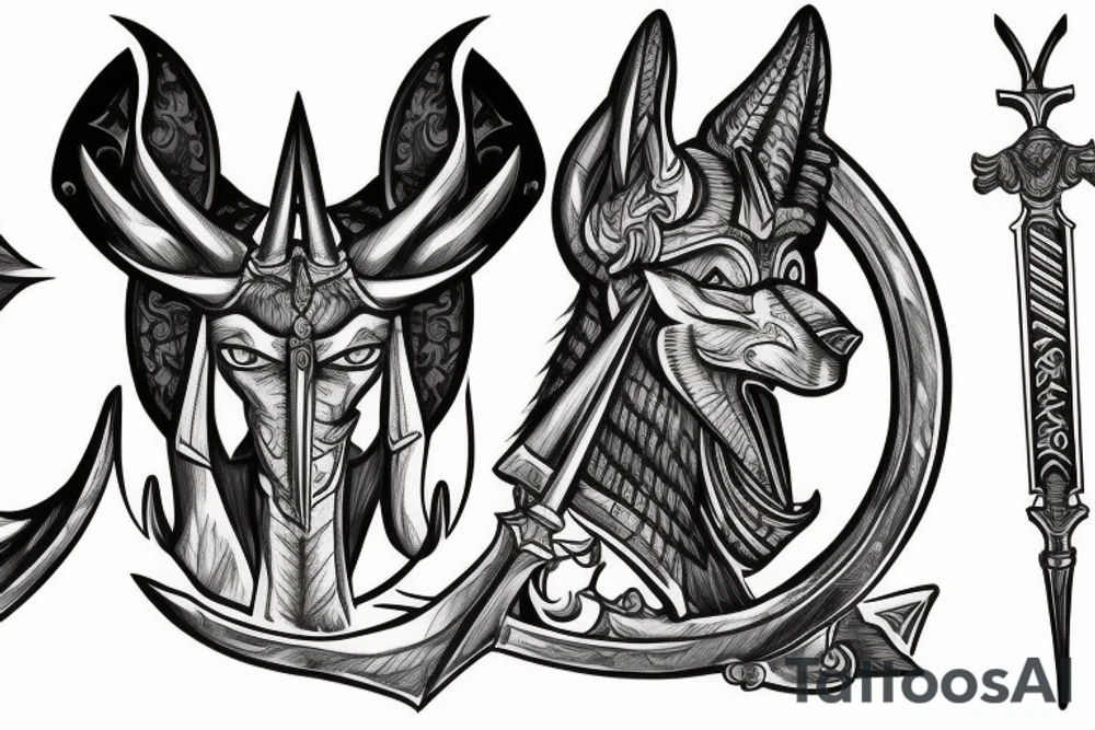 anubis facing right with sword in hand tattoo idea