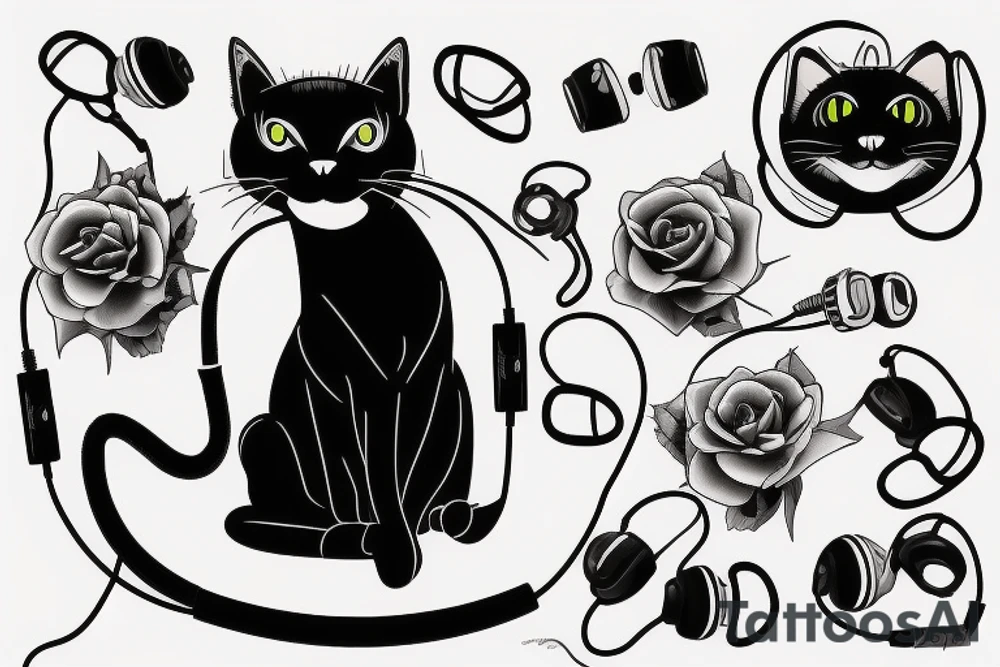 Black cat with headphones tattoo idea