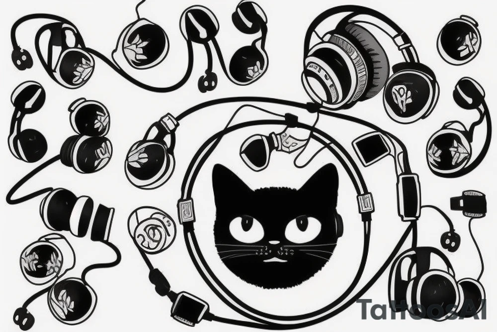 Black cat with headphones tattoo idea