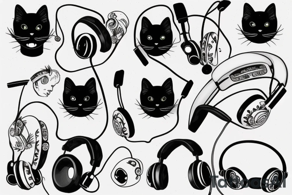 Black cat with headphones tattoo idea
