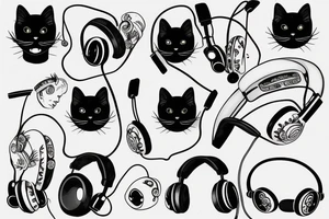 Black cat with headphones tattoo idea