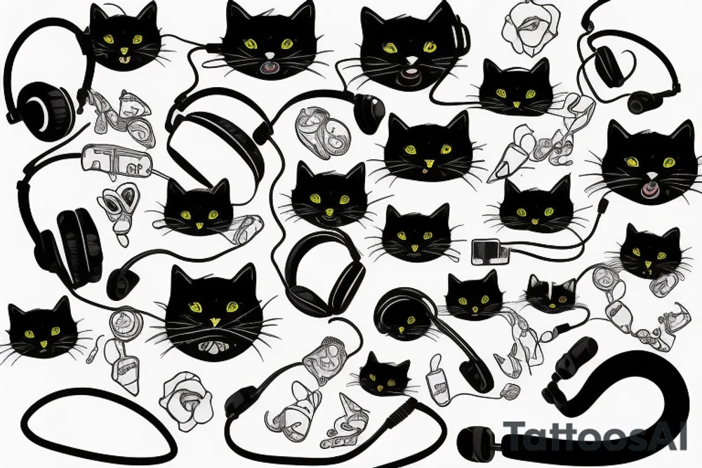 Black cat with headphones tattoo idea