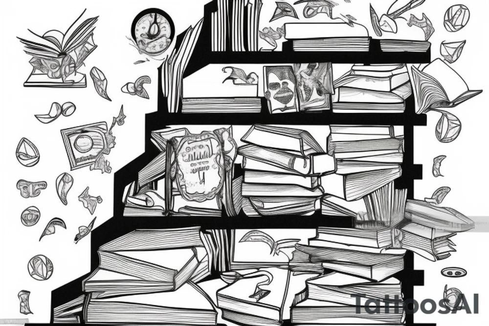 Surrealistic pile of books as a staircase tattoo idea
