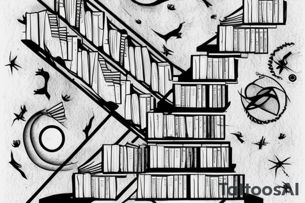 Surrealistic pile of books as a staircase tattoo idea