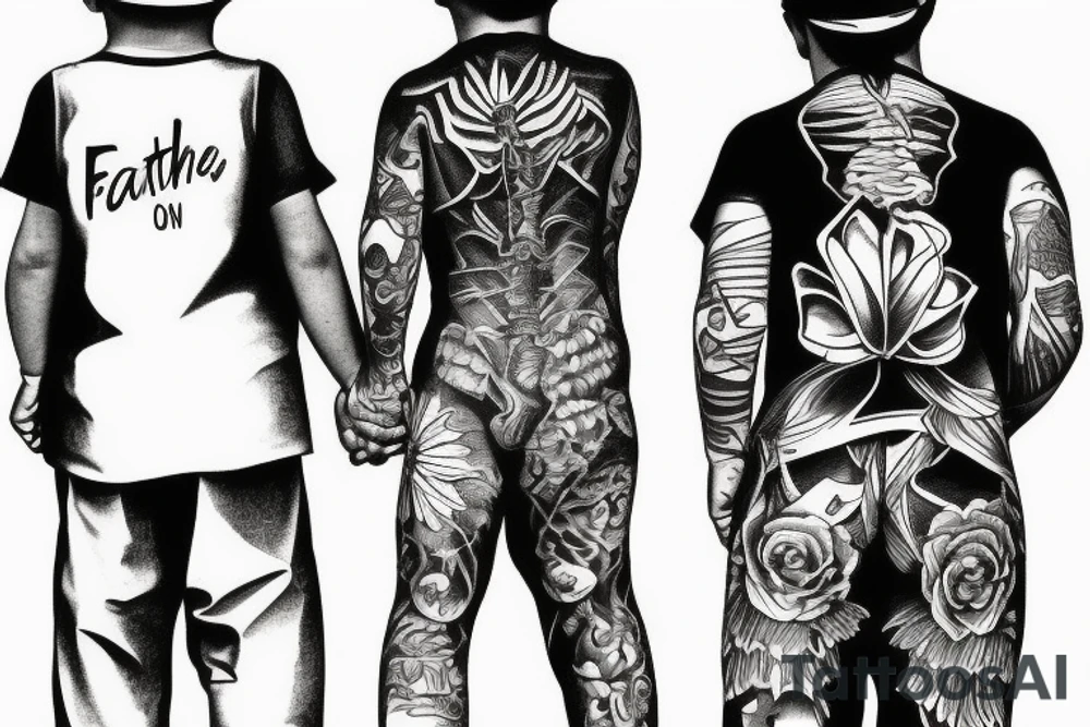 Father and son walk hand in hand. Full-length. view from behind tattoo idea