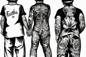 Father and son walk hand in hand. Full-length. view from behind tattoo idea
