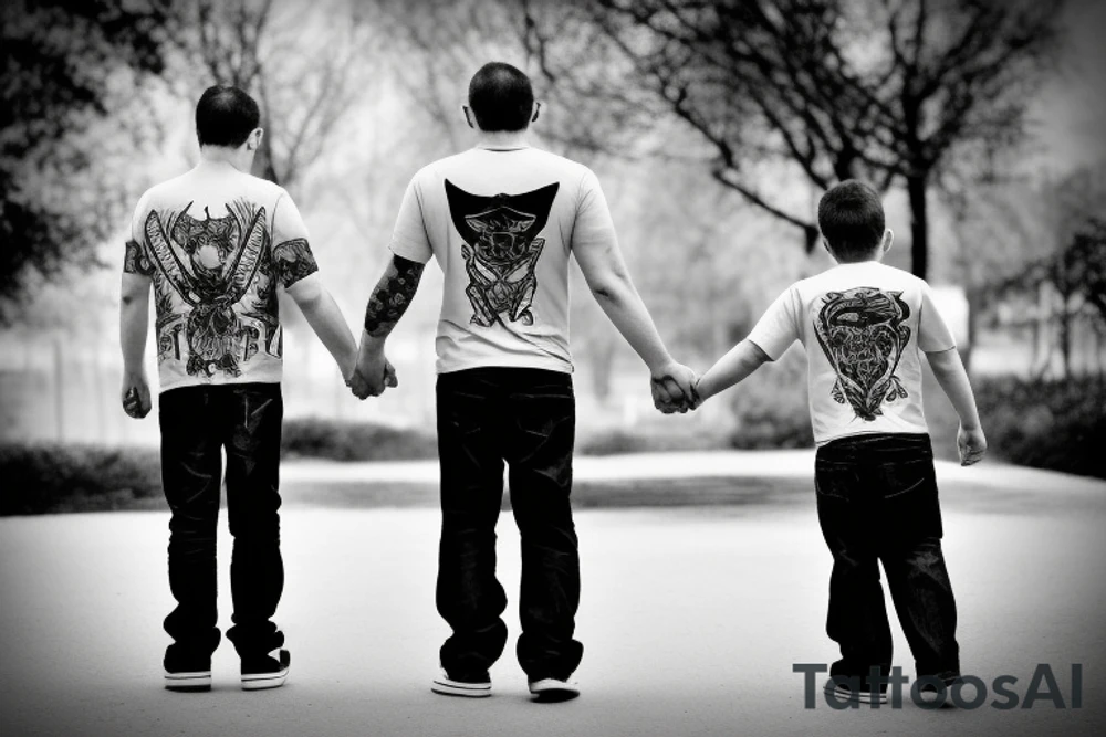 Father and son walk hand in hand. Full-length. view from behind tattoo idea