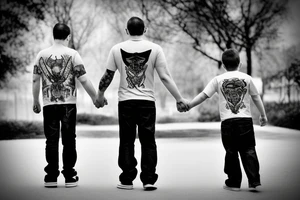 Father and son walk hand in hand. Full-length. view from behind tattoo idea