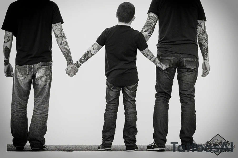 Father and son walk hand in hand. Full-length. view from behind tattoo idea