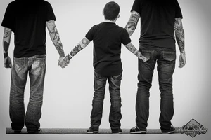 Father and son walk hand in hand. Full-length. view from behind tattoo idea